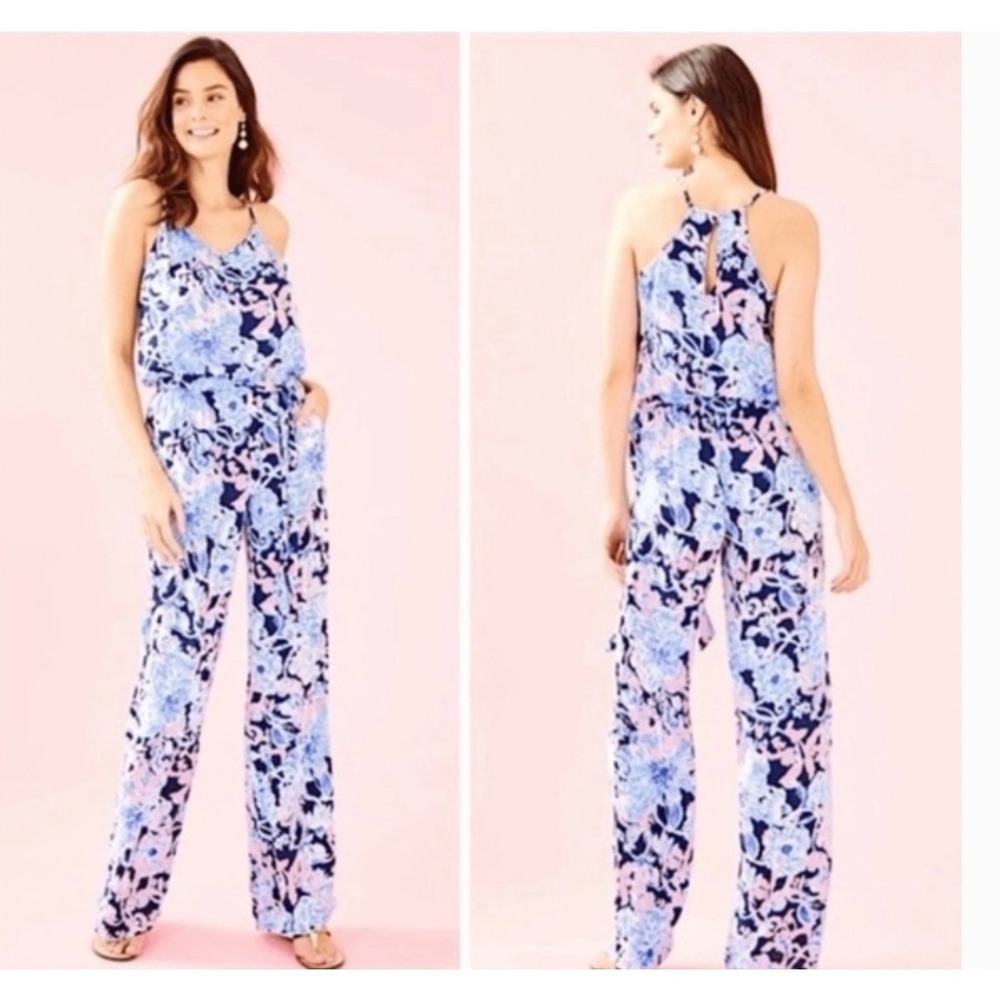 Lilly Pulitzer Amore Please Dusk Jumpsuit‎ Navy Combo Floral Wide Leg Small S